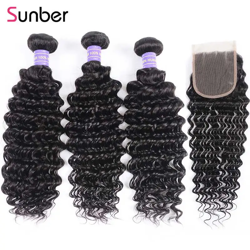 

Sunber Hair Deep Wave Human Hair Peruvian Bundles With Closure Remy Hair Extension 8-26 inch 2/3/4 Bundles With Closure