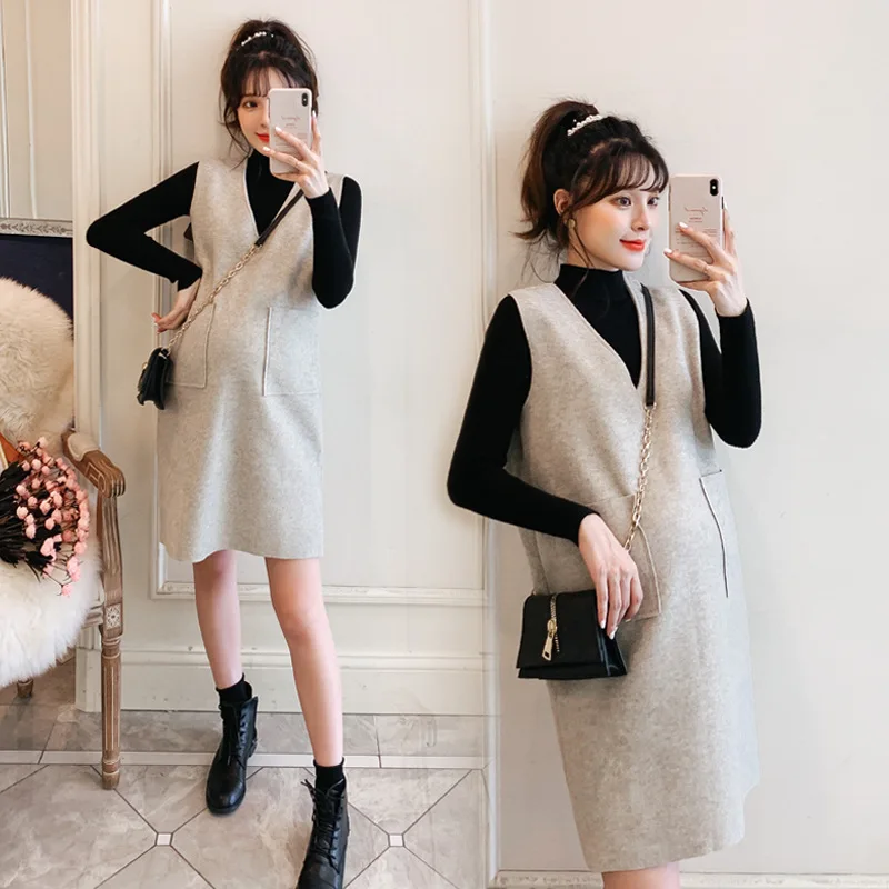 

Maternity Clothes Dress Sweater+Woolen Sundress Maternity Dresses Long Sleeved Pregnant Women Autumn Winter Two-piece