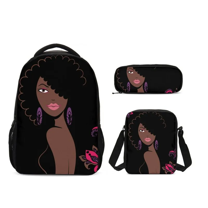 3Pcs/Set Portfolio School Bags Girls Boys Fashion Black Art African Girl Printed Backpacks Teenager Kids Bookbag Casual Daypacks - Цвет: SCBW014001X8J