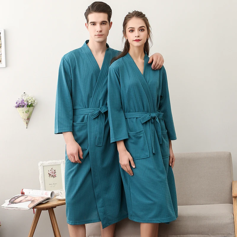 Летние вафельные халаты для влюбленных, для мужчин и женщин, сосут, вода, кимоно, ночные рубашки, большие размеры, спа, банный халат 3XL