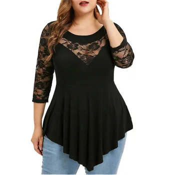 

Plus Size 5XL T-Shirt Women Solid Flower Lace Round Neck Asymmetric Third Quarter Autumn Top T-Shirt