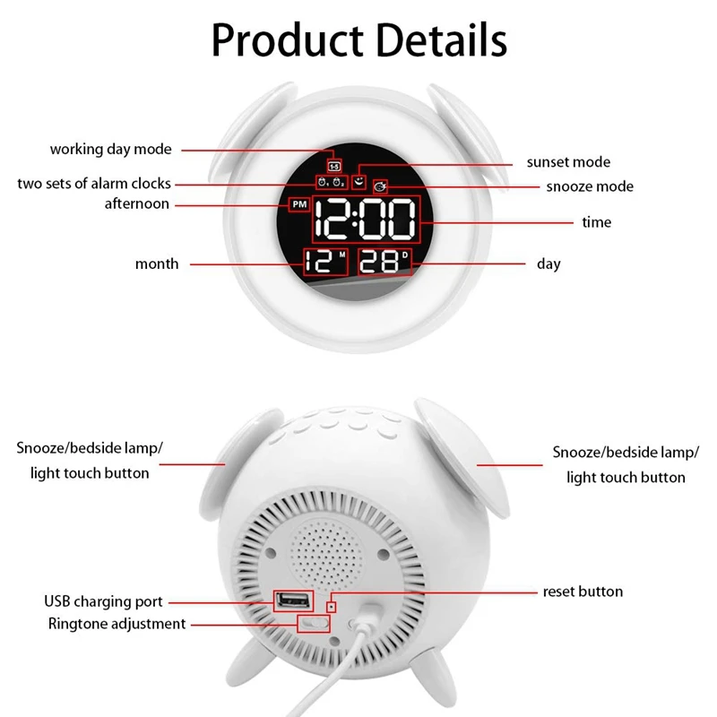 Kids Alarm Clock Press Control Night Light for Bedrooms, Multiple Alarm Sounds Sunrise and Sunset Simulation, Snooze Function Wa
