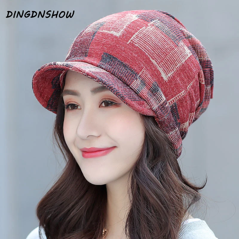 

[DINGDNSHOW] 2019 Brand Winter Cap Cotton Flat Bonnet Hat Warm Print Lady Beanies Hat Women