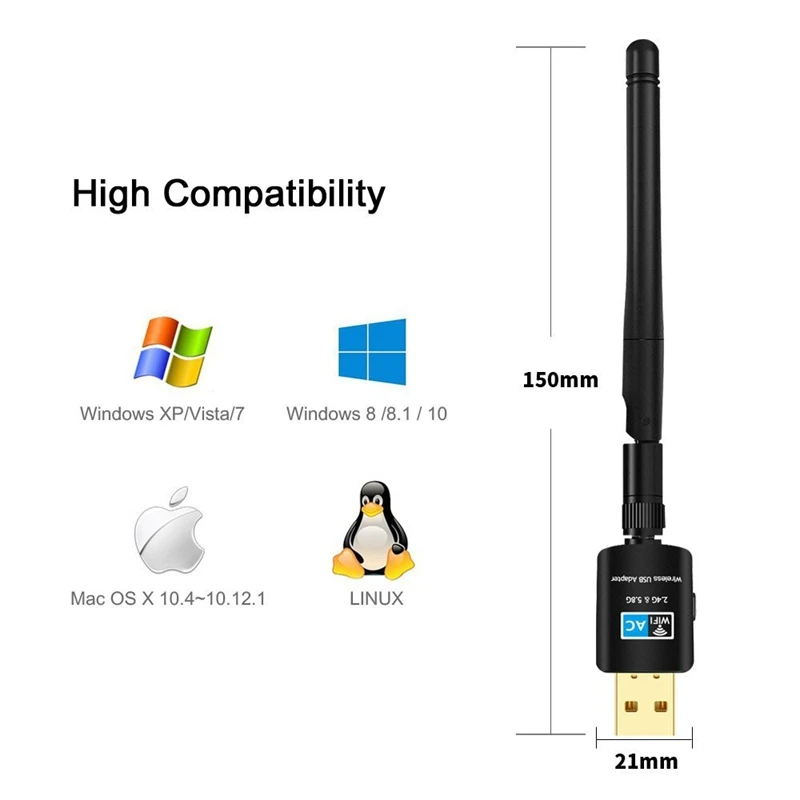 600 Мбит/с USB Wifi адаптер для рабочего стола Daul Band 2,4 ГГц/5 ГГц 433 Мбит/с 802,11 ac/a/b/g/n USB беспроводной сетевой адаптер для рабочего стола/La