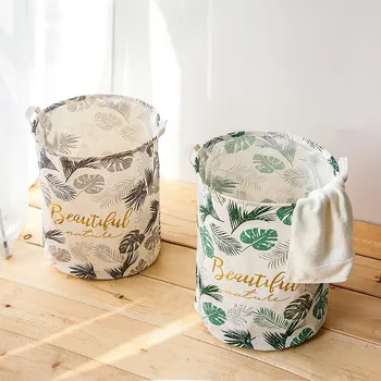 

Cotton Linen Green Leaves Storage Baskets Foldable Washing Dirty Clothes Laundry Basket Kids Toys Organizer Bins Nursery Hamper