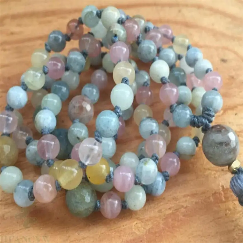 

6mm Morganite Gemstone Mala necklace 108 Beads Tassel Tassel Chakas Meditation Lucky Reiki cuff MONK Unisex Bless yoga Buddhism