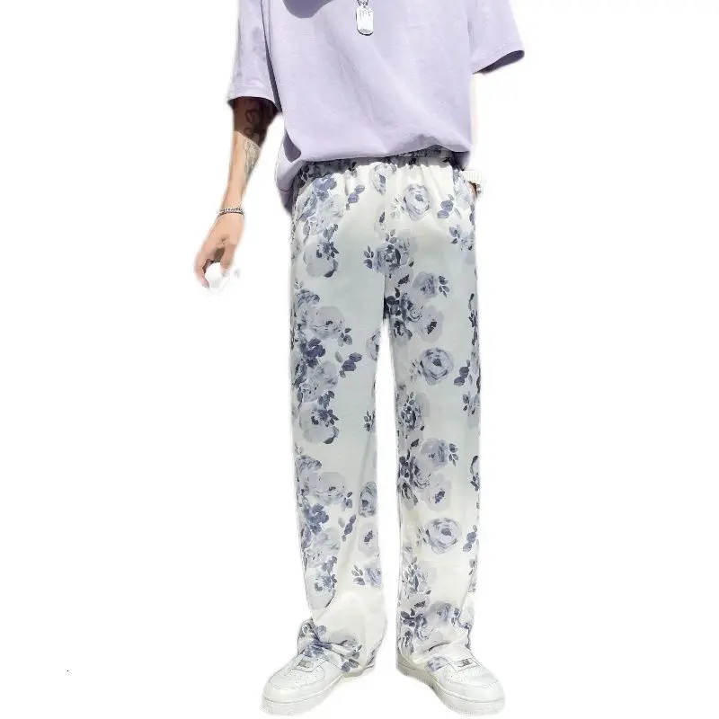 Spring Summer Flower Pants Men's Fashion Printed Casual Pants Men Streetwear Loose Hip-hop Straight Wide-leg Mens Trousers wide leg pants wide leg sweatpants men cargo pants