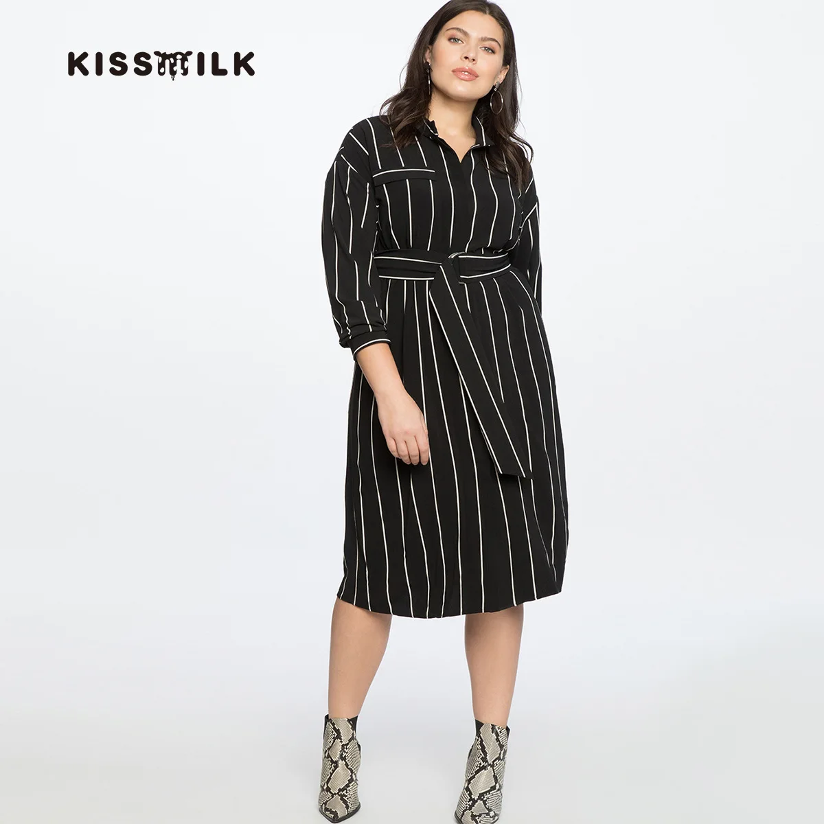 

New Style European And American Minimalist Fashion Large Size Base Stripes Front Waist Button Slit Waist Hugging Dress Hot Sales