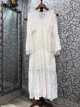 Robe de soirée de mariage pour femmes, haute qualité, col en v, broderie Lurex, manches évasées, dentelle blanche, Maxi, offre spéciale, printemps été 2021