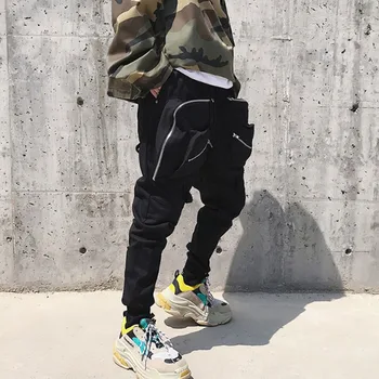 

Homem multi-bolso zíper hiphop dança carga pant masculino escuro preto alta rua harem calças corredores calças moletom