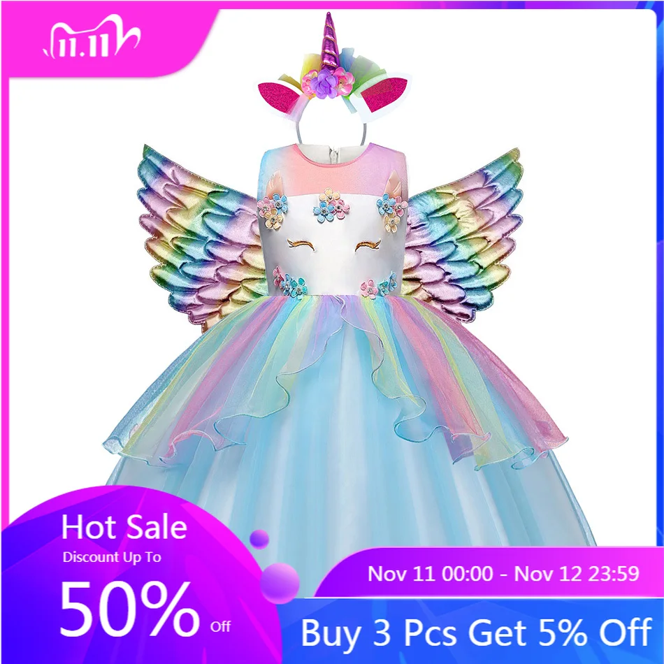 

Flower Girl Dresses Kids Rainbow Unicorn Costume Christmas Carnival Pageant Clothes Halloween Children Birthday Fancy Disguise