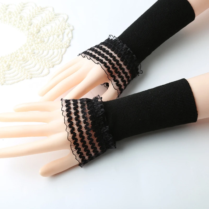 

Women Ribbed Knitted Arm Warmers Ruffles Lace Patchwork Horn Cuffs Fake Sleeves Solid Color Stretchy Fingerless Gloves