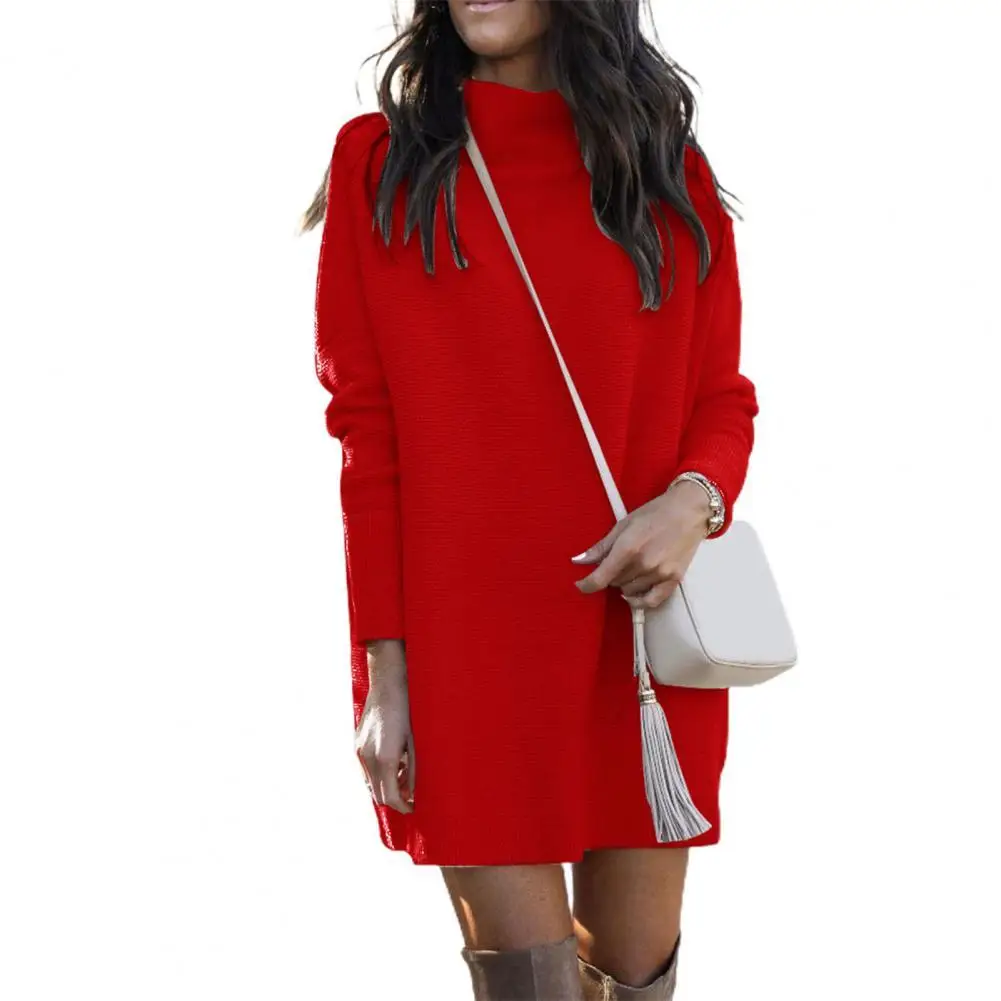 

Warm Women Sweater Dress Solid Color Knitted Pullover Tops Autumn Winter Round Neck Long Mini Dress for Office Ladies Clothing
