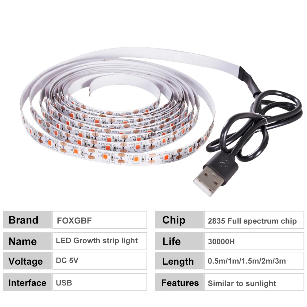1M 2M 3M USB кабель с 2835SMD DC5V светодиодный Grow светильник полосы полный спектр УФ лампы