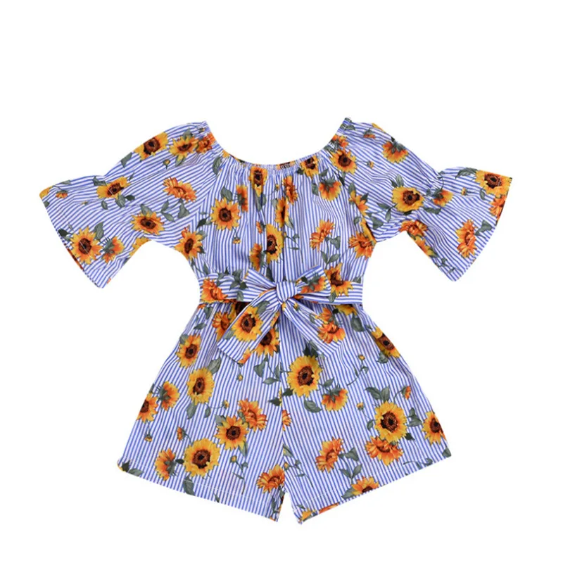

Sunflower Printed Blue Striped Girls' Jumpsuit Baby Dress Bowknot Romper Climbing