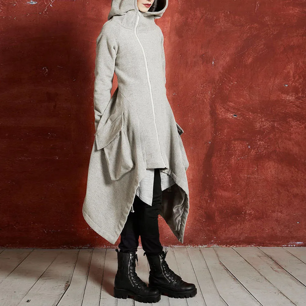 Jaycosin Fashion Women Winter Warm Zipper Asymmetric Solid Hoodie Coat Stylish Long Sleeve Comfortable Soft Coat Overcoat 23#4