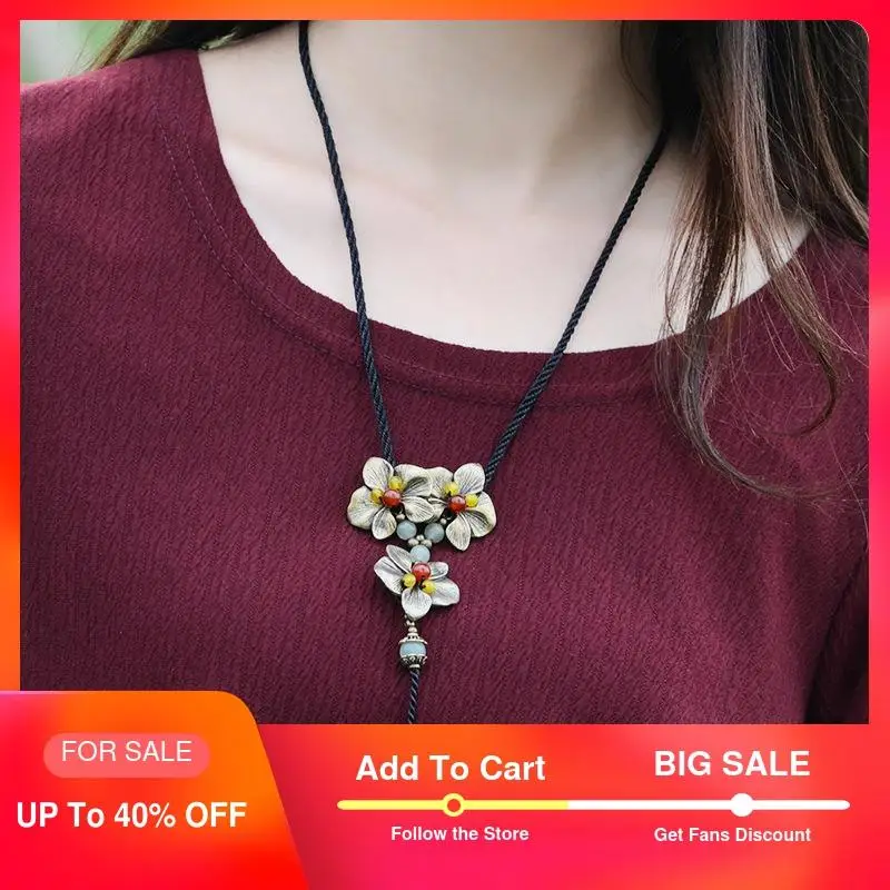 Винтажное ожерелье на свитер медные цветы подвеска сердолик и авантюрин