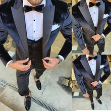 

3 Pieces Black Men Suits Formal Business Custom Made Velevt Blazer+Cotton Vest+Pant Wedding Tuexdos Daily Prom Party Suit Sets