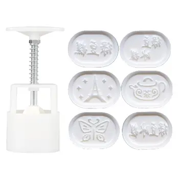 

6pcs Oval Hand Press Cookie Stamp Moon Cake Decor Mould Barrel Mooncake Mold 100g Pastry DIY Tool