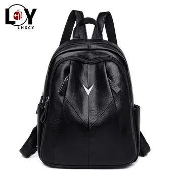 

2 Main Pockets Retro Pu Leather Car Stitch Backpacks For Women High Quality Waterproof Purse Backpack Solid Color Soft Bagpacks