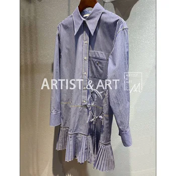 

Svoryxiu Designer Fashion Summer Stripe Loose Dress Women's Long Sleeve Lace Up Office Lady Pleated Dresses