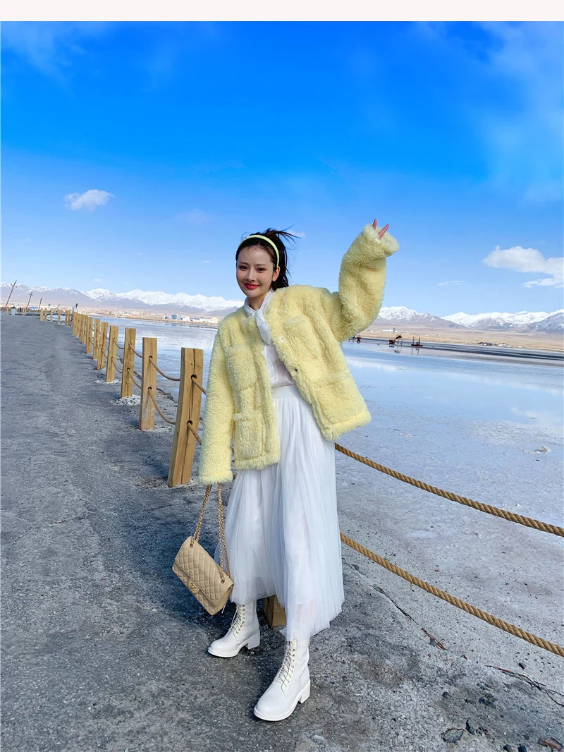 ANSFX Korea Sweet Hairy Shaggy Faux Lamb Fur Multi Pockets Jacket Coat Fashion Women Keep Warm Long Sleeve Outerwear Top 3 Color