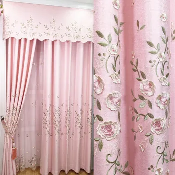 

Pink bedroom idyllic cotton linen embroidered curtains cloth girls Princess children window yarn living room custom mad