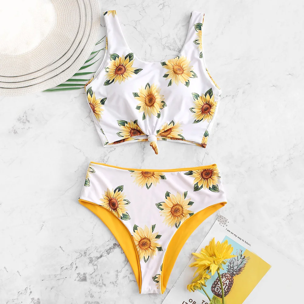 ZAFUL Sunflower Knot Reversible High Waisted Tankini Swimsuit Women Scoop Neck Crop Top Swimwear Summer Fashion Bathing Suits ZAFUL Sunflower Knot Reversible High Waisted Tankini Swimsuit Women Scoop Neck Crop Top Swimwear Summer Fashion Bathing Suits
