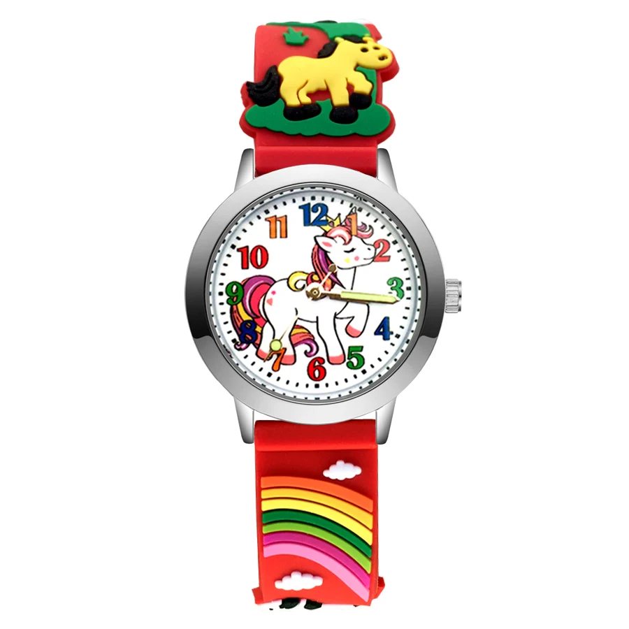 Модные детские часы с рисунком милого единорога лошади, Детские кварцевые 3D Силиконовые наручные часы для мальчиков и девочек JA164