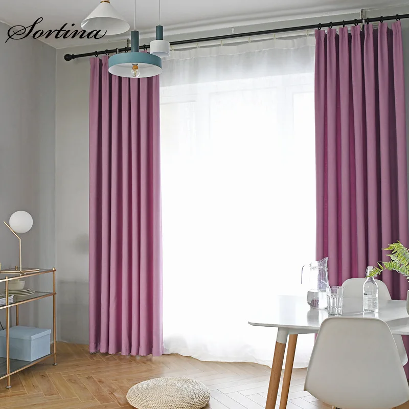 Purple-curtain Затемненные розовые занавески для гостиной, готовые занавески для гостиной, одноцветные занавески в римском стиле, короткие бархатные пеньковые занавески - Цвет: Purple-curtain