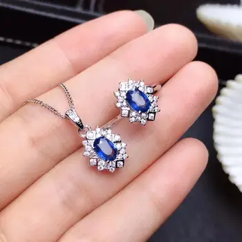 

fashion round claw Natural blue Sri Lanka sapphire gem jewelry sets natural gemstone ring Pendant 925 silver women party jewelry