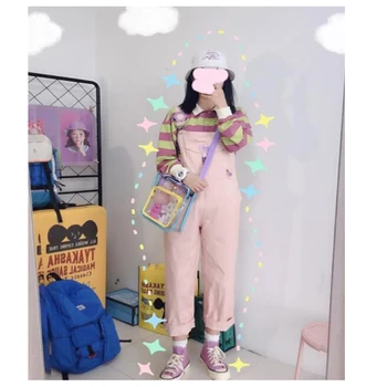 

Mori Girl Cute Bear Women Jumpsuit Harajuku Kawaii Embroidery Teens Ankle-length Overalls Pink Pants Vintage Loose Solid Romper