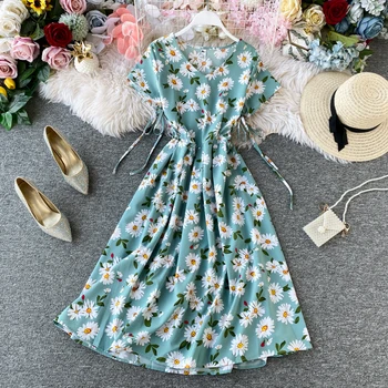 

Boho Dress 2020 Chiffon Floral Dress Women Summer Beach Elegant Flower V Neck Dresses Bohemian Clothes Vintage Short Sleeve Blue