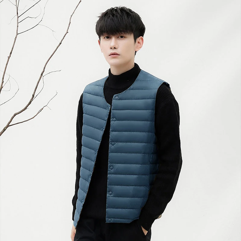 남성용 민소매 V넥 조끼, 따뜻한 90% 덕 다운 패딩 재킷, 남성 조끼, 따뜻한 O넥 라이너