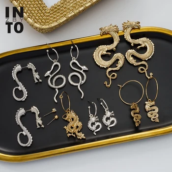 

Into Punk Statement Snake Dragon Drop Earrings For Women Gold/ Silver Color Circle Crystal Dangle Earrings Fashion Jewelry 2020
