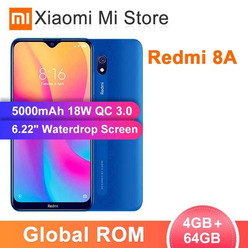 Xiaomi Redmi 8A с глобальной ПЗУ, 4 Гб ОЗУ, 64 Гб ПЗУ, 8 A, смартфон с экраном 6,22 дюйма, восьмиядерным процессором Snapdargon 439, камера 12 Мп+ 5 МП, аккумулятор 5000 мАч