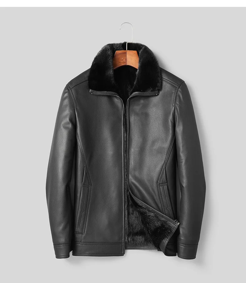 DK Luxury Mink Fur Lined Coat Men Winter New Genuine Leather Goat Jackets Casual Formal Businessmen Leather Outwear