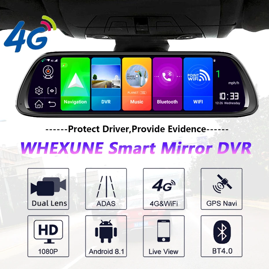 WHEXUNE Android 8,1 Автомобильный видеорегистратор gps камера-навигатор 10 дюймов FHD 1080P поток медиа зеркало заднего вида 4G зеркало ADAS видеорегистратор