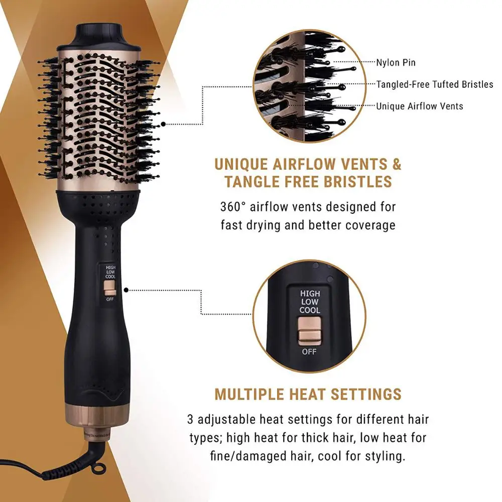 2 in 1 Gold One Step Hair Dryer Brush And Volumizer Anti-scald Hair Straightener&Curler Negative Ions For Wet Dry Hot Air Brush 2