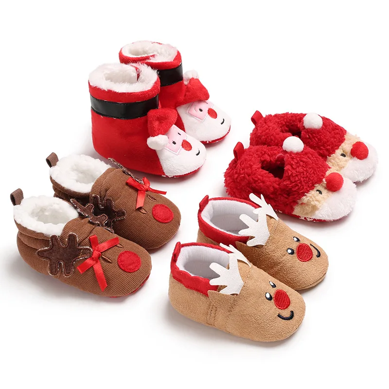Детская обувь для мальчиков и девочек; Рождественский подарок с оленем; зимние пушистые теплые Мокасины с хлопковой подошвой; Мягкие Мокасины для новорожденных