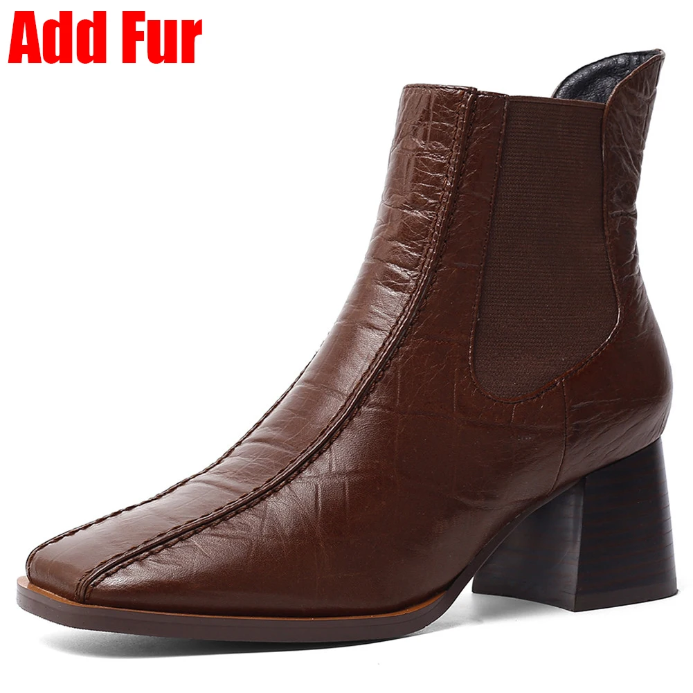 BONJOMARISA/брендовые дизайнерские ботинки челси; женские ботильоны из высококачественной натуральной кожи; коллекция года; женская обувь на высоком каблуке; Размеры 33-43 - Цвет: brown 1 add fur