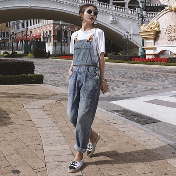 

2020 New Women Denim Suspender Trousers Loose Casual Detachable Hole Jeans Overalls Female Streetwear Vintage Straps Cargo Pants