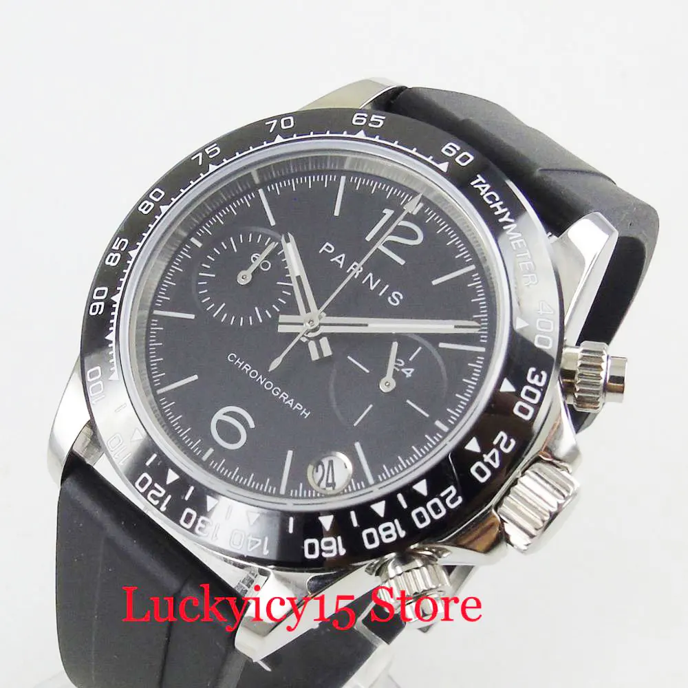 

PARNIS Chronograph Function 39mm Quartz Men's Watch Polished Watch Case Rubber Band Round Wristwatch