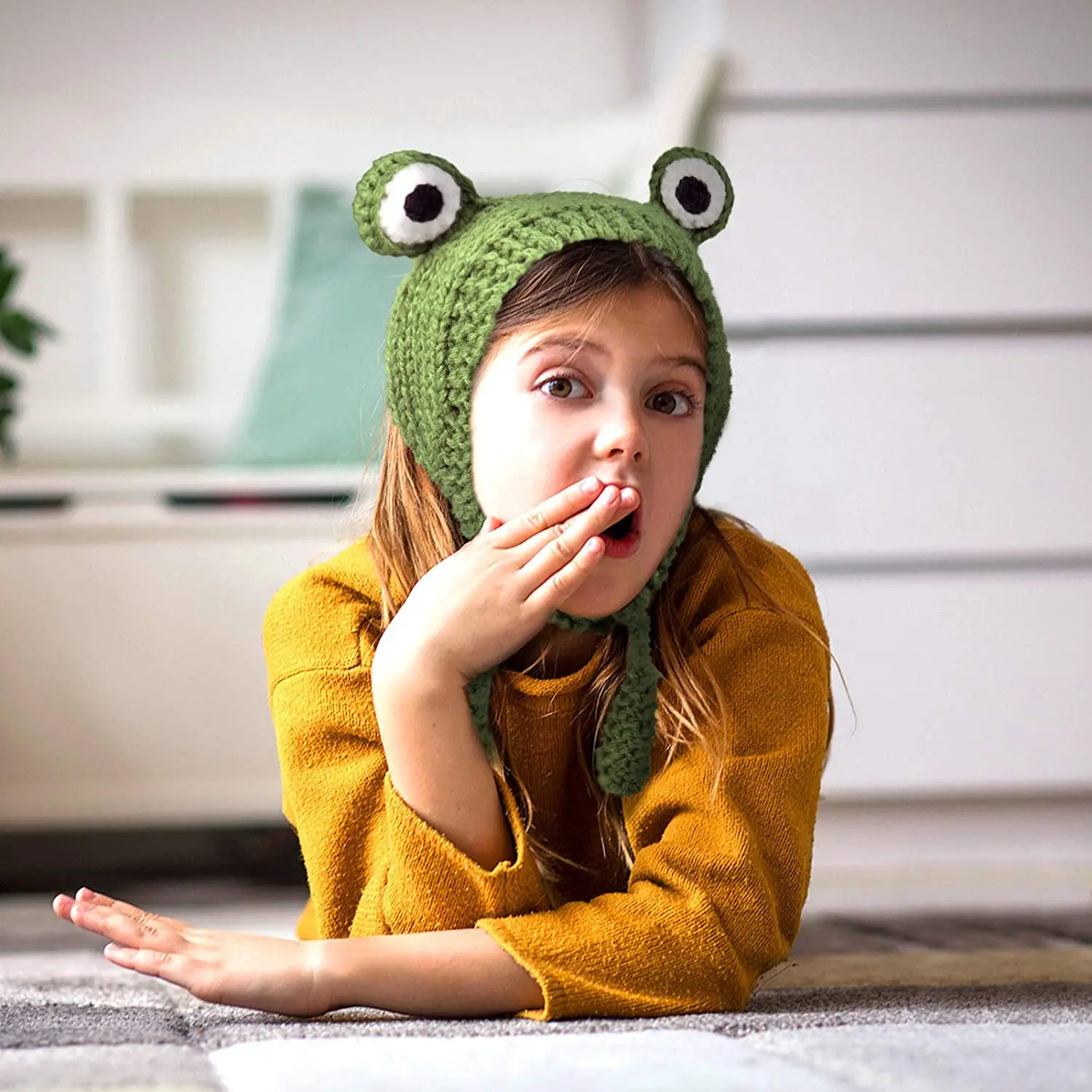 Green Frog Hat Crochet Knitted Hat Outdoors Autumn Big Eye Frog Knitted Winter Cute Ear Protective Beanie Hats Knitted Caps fleece lined beanie