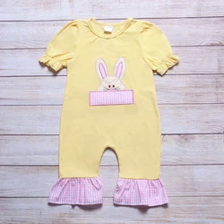 Vêtements d'été pour filles, barboteuse de pâques jaune sans manches rose, motif brodé de lapin, pour bébés 
