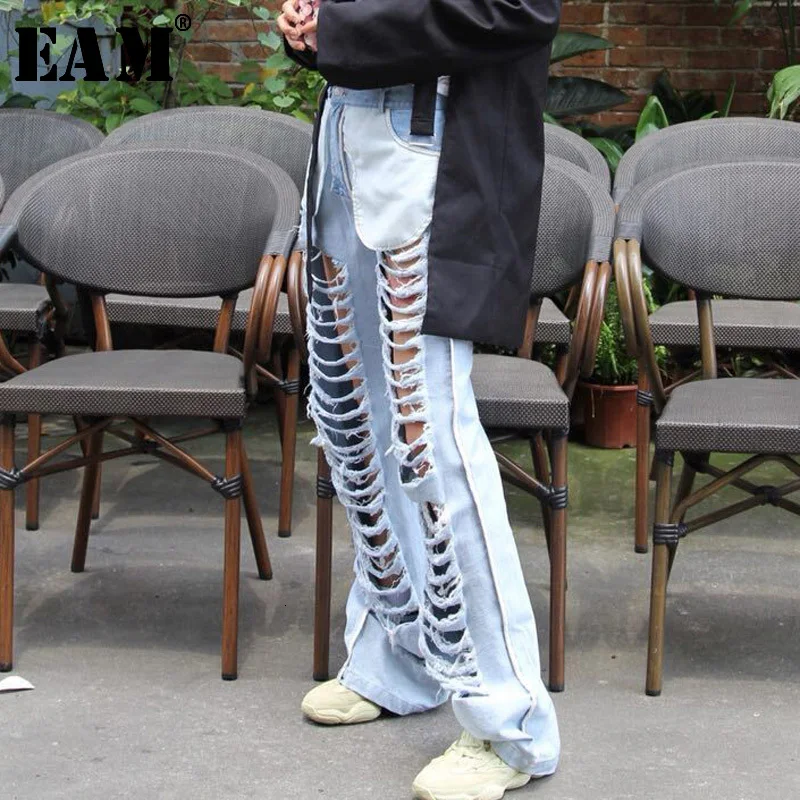 

[EAM] 2019 New Spring Autumn Light Blue Loose Big Hole Personality Long Wild Wide Leg Pants Jeans Women Fashion Tide LC012