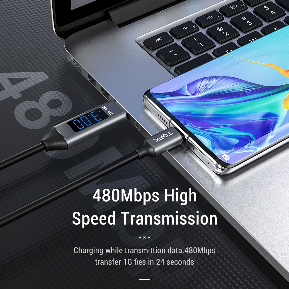 Кабель зарядный TOPK USB 3 0 Type C с отображением напряжения и силы тока|cable for|cable for