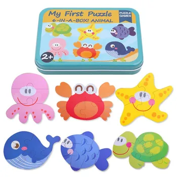 

Baby Early Educational Toys Toddler Wooden Animal Cube Puzzles Educational Toys Gifts 6 in 1 iron box