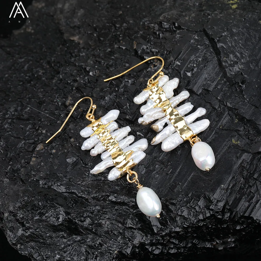 

Women Fashion Dangle Pearl Earring,Natural Six Pieces White Pearl Bar With Gold Copper Hoop Earring Fashion Jewelry N0026AMAA