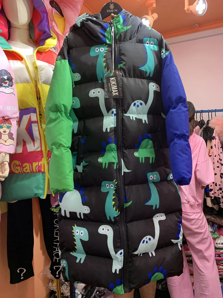 Высококачественная хлопковая одежда с принтом динозавра из мультфильма, Женское зимнее милое длинное плотное пальто, Модная хлопковая одежда с капюшоном